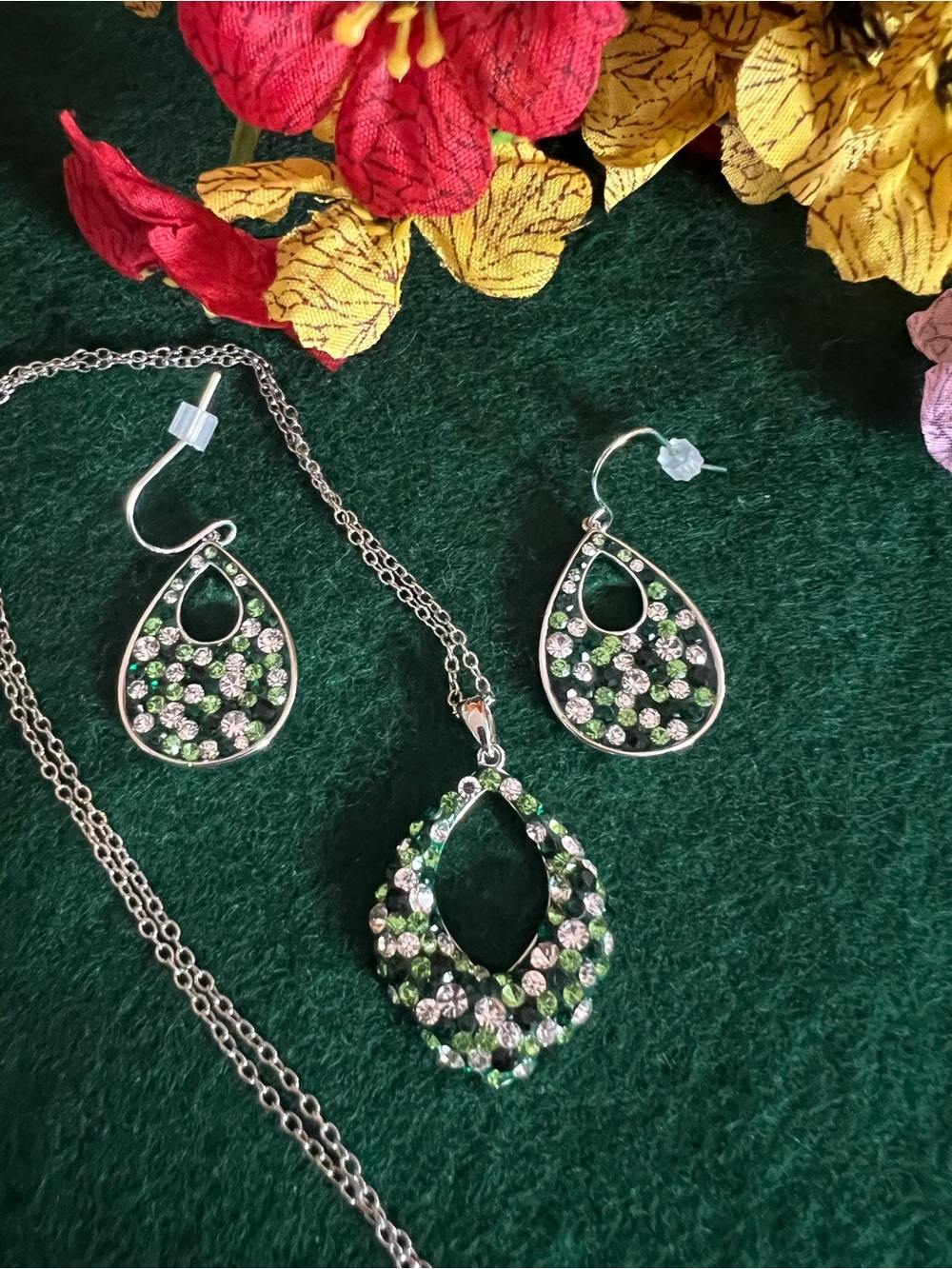 Sterling Silver Multi Green Crystal Teardrop Necklace & Earrings Set